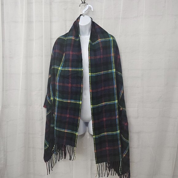 J. Crew Blue Green Plaid Shawl Scarf Fringe Wool OSFA - Picture 1 of 9